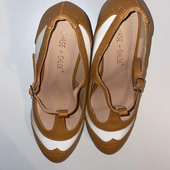 Chase + Chloe Tan and White T-Strap Heels - Picture 14 of 16